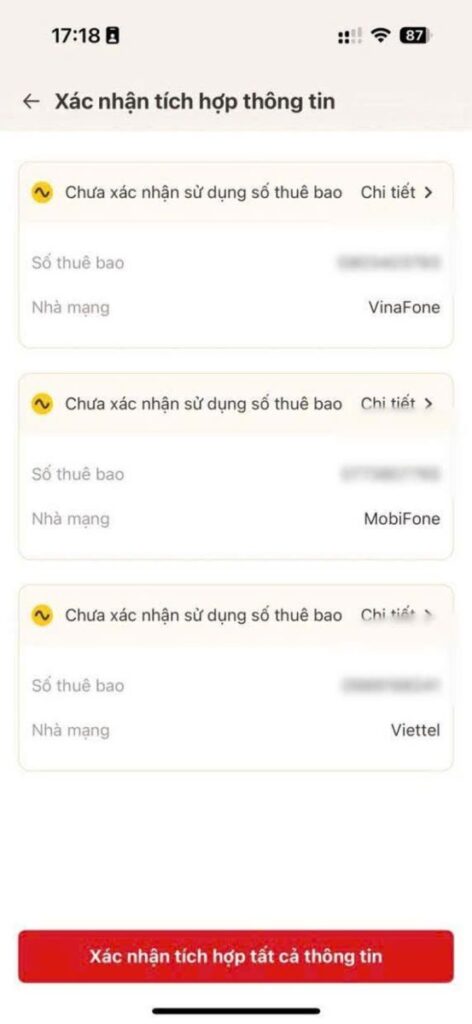 Màn hình chọn số điện thoại đang sử dụng trong quy trình xác nhận VNeID