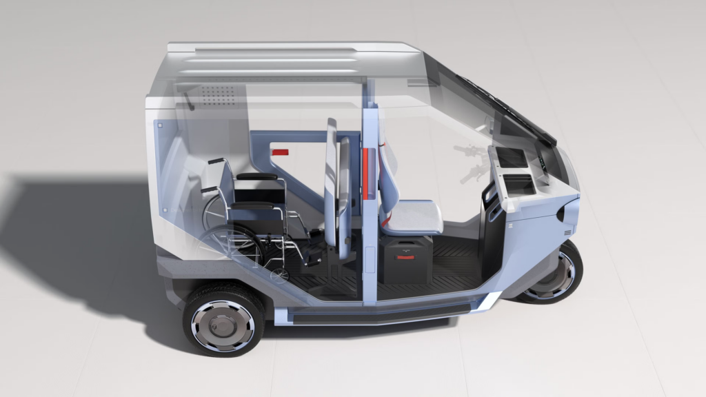 Khoang lái Hyundai E3W với giá đỡ điện thoại và tấm peg-board