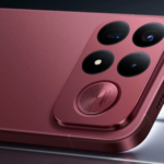 Mặt lưng POCO F9 Ultra màu Đỏ Cherry Trầm với cụm camera phẳng và loa có đèn LED