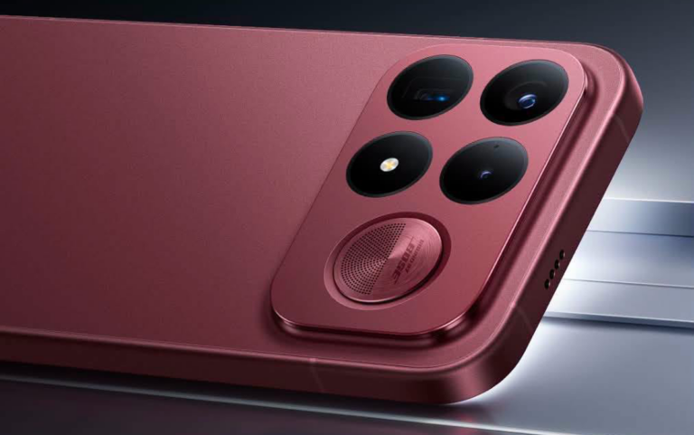 Mặt lưng POCO F9 Ultra màu Đỏ Cherry Trầm với cụm camera phẳng và loa có đèn LED