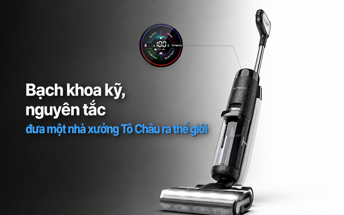 Một bộ máy lau sàn Tineco gồm thân máy, đầu hút cầm tay và các phụ kiện chuyên dụng