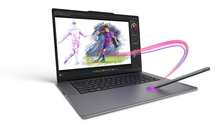 Laptop Lenovo Yoga Pro 7a đặt trên bàn với màn hình hiển thị nội dung sáng tạo
