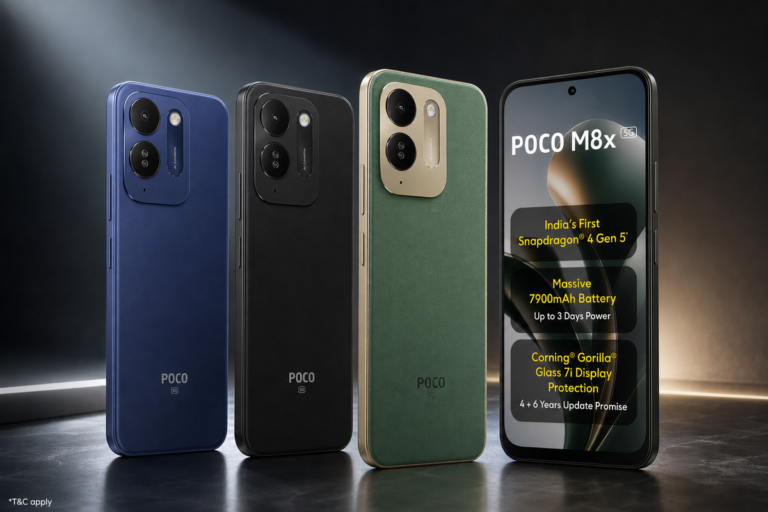 Poco M8x 5G hiển thị mặt trước với màn hình lớn