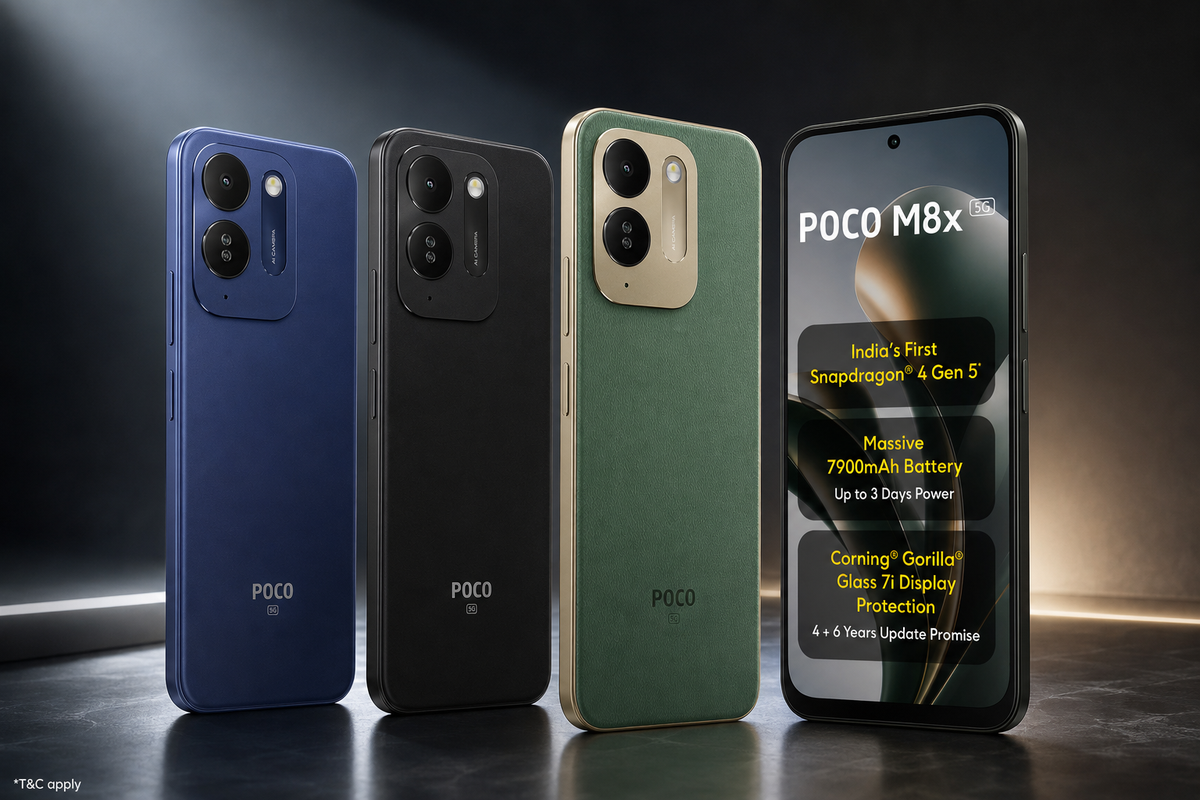 Poco M8x 5G hiển thị mặt trước với màn hình lớn