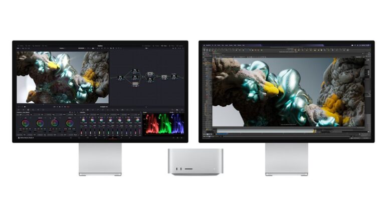 Mac Studio thế hệ mới đặt trên bàn làm việc với màn hình chuyên nghiệp