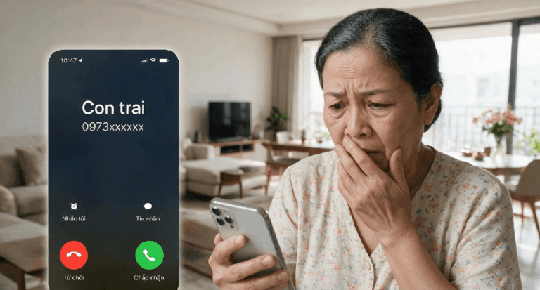 Minh họa màn hình điện thoại hiển thị một cuộc gọi đến