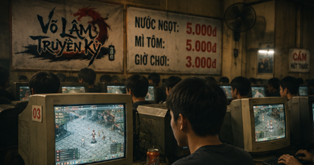 Game thủ chơi Võ Lâm Truyền Kỳ tại quán net với màn hình máy tính đời cũ