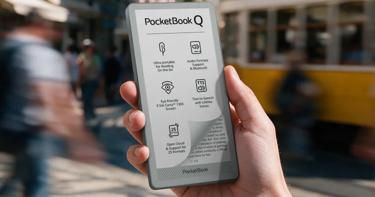 Máy đọc sách PocketBook Q có thiết kế nhỏ gọn đặt trên mặt bàn
