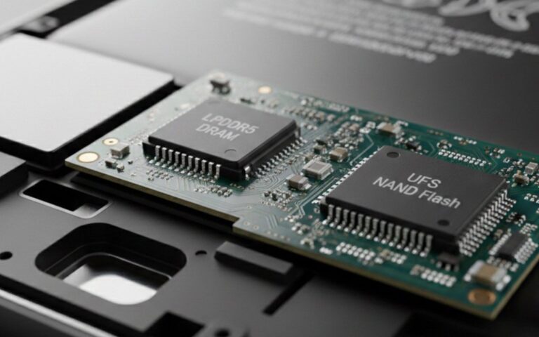 Điện thoại thông minh đặt cạnh các linh kiện bộ nhớ RAM và chip lưu trữ