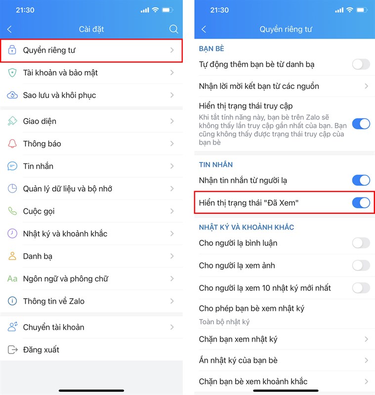 Tùy chọn Hiện trạng thái Đã xem trên Zalo đang được tắt