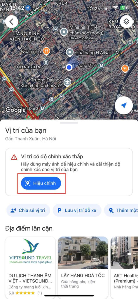 Bản đồ Google Maps hiển thị vị trí và hướng di chuyển của người dùng