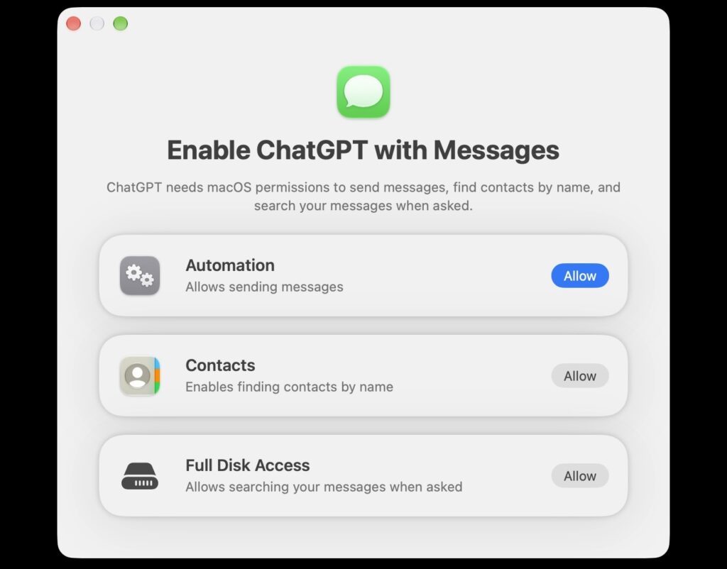 Màn hình cài đặt macOS hiển thị các quyền truy cập ứng dụng