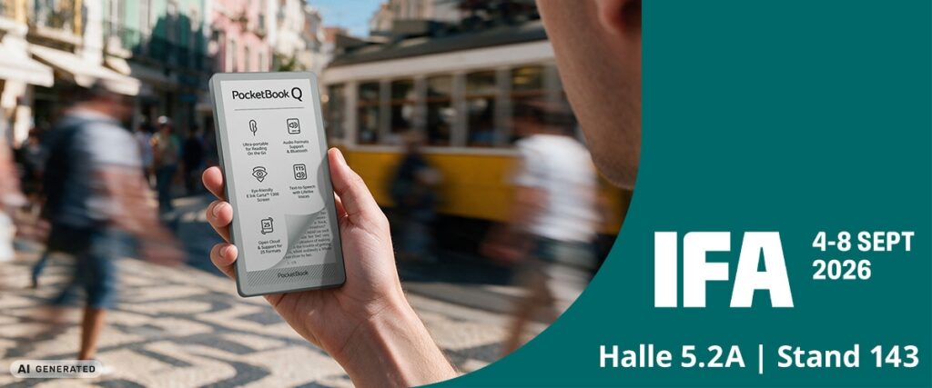 Màn hình E Ink Carta 1300 của PocketBook Q hiển thị trang sách đen trắng