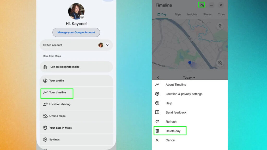 Giao diện Dòng thời gian hiển thị lịch sử di chuyển trên Google Maps