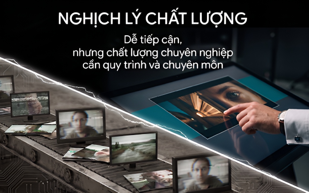 Màn hình dựng phim với nhiều lớp hình ảnh và âm thanh