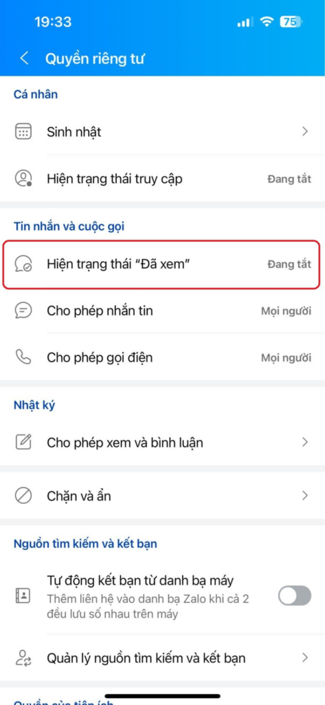 Khu vực cài đặt Tin nhắn của Zalo