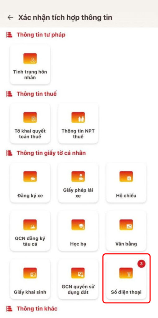 Giao diện danh sách số điện thoại được tích hợp trên ứng dụng VNeID