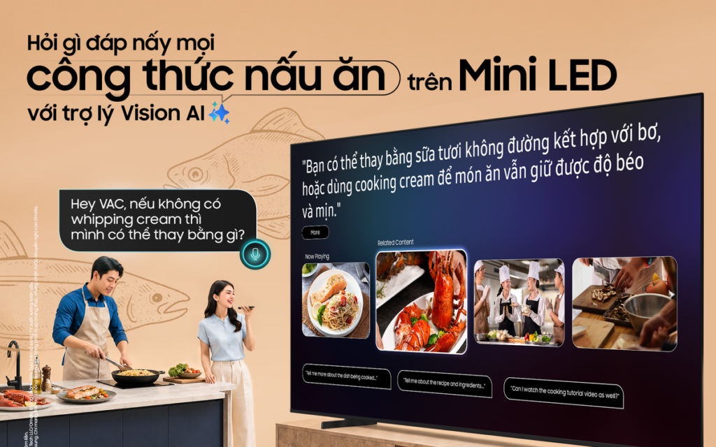Màn hình TV Samsung hiển thị giao diện trợ lý AI trong phòng khách