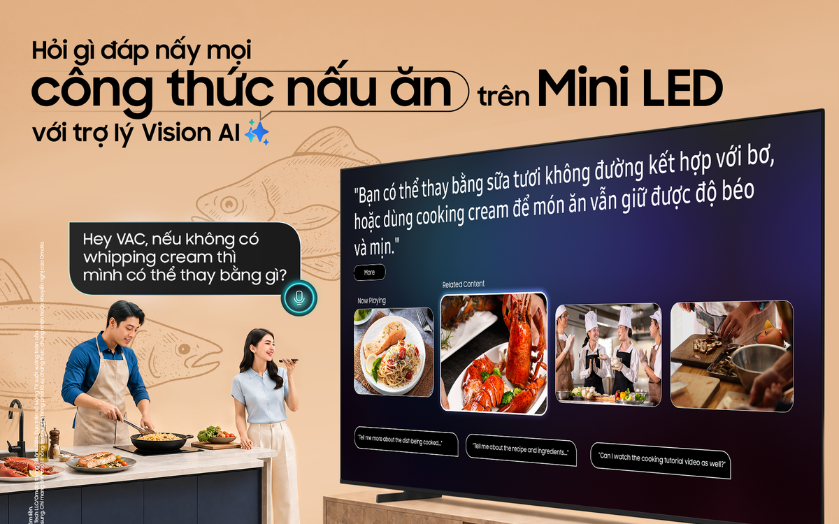 Màn hình TV Samsung hiển thị giao diện trợ lý AI trong phòng khách