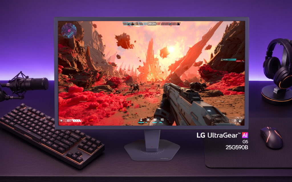 Màn hình LG UltraGear 25G590B đặt trên bàn chơi game