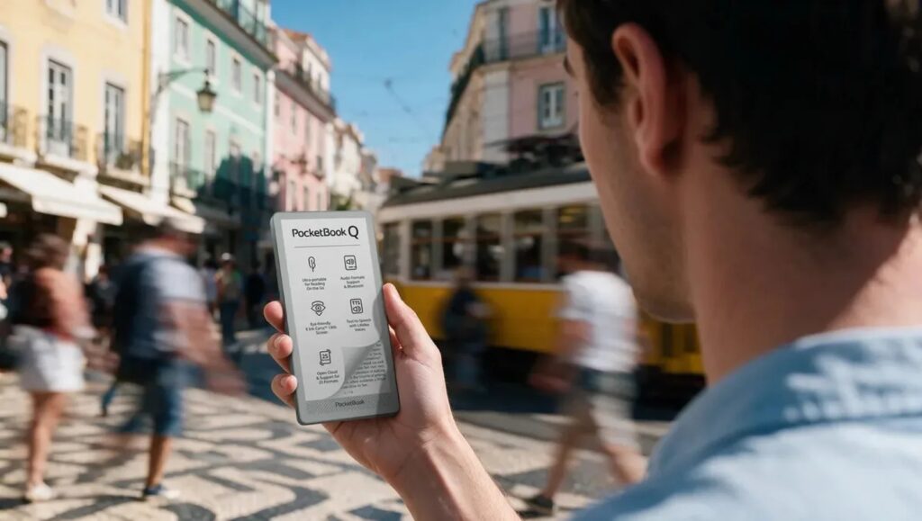 PocketBook Q đặt cạnh tai nghe không dây phục vụ nghe sách nói