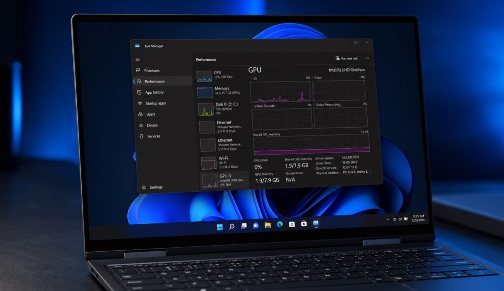 Giao diện Task Manager hiển thị thông tin bộ nhớ đồ họa