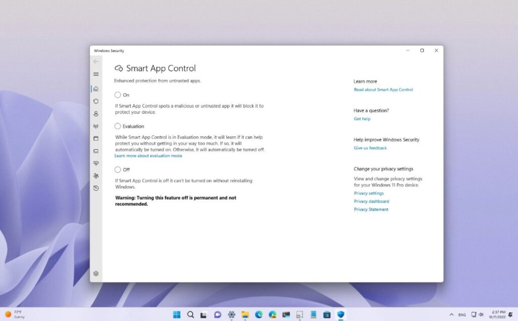 Cửa sổ App & browser control trong phần bảo mật của Windows 11