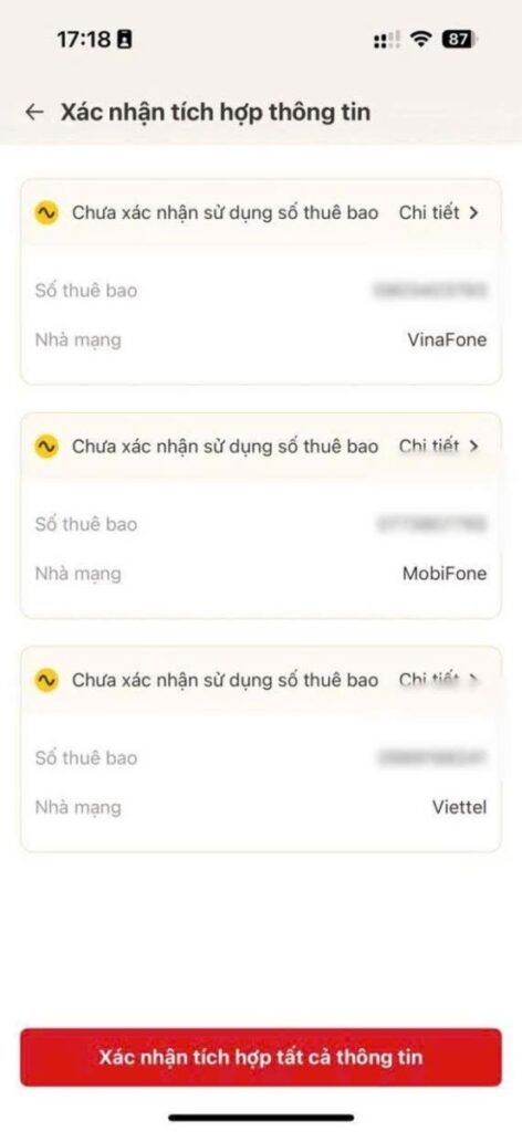 Giao diện xác thực số điện thoại trên tài khoản VNeID