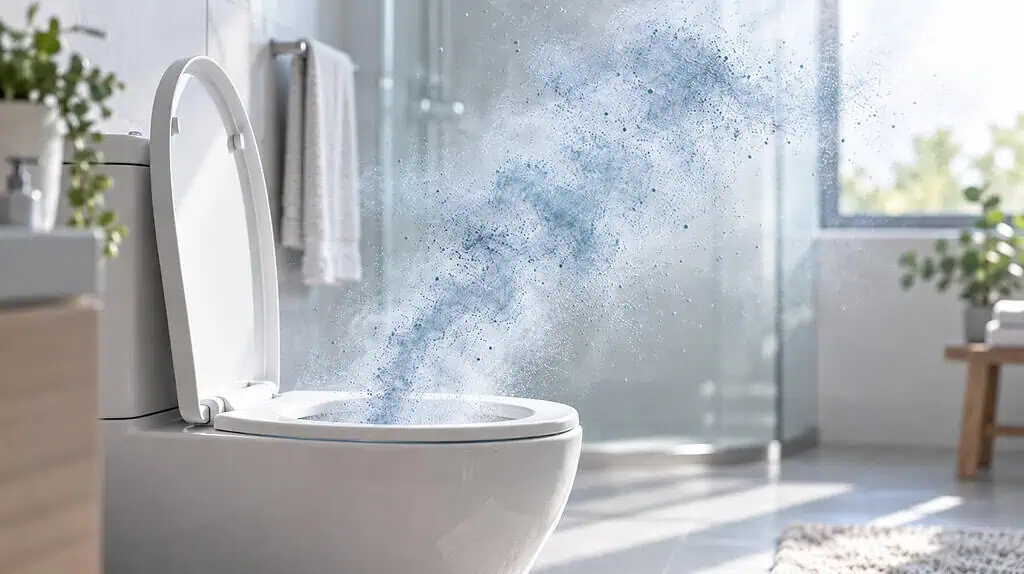 Minh họa các hạt sol khí bay lên từ bồn cầu