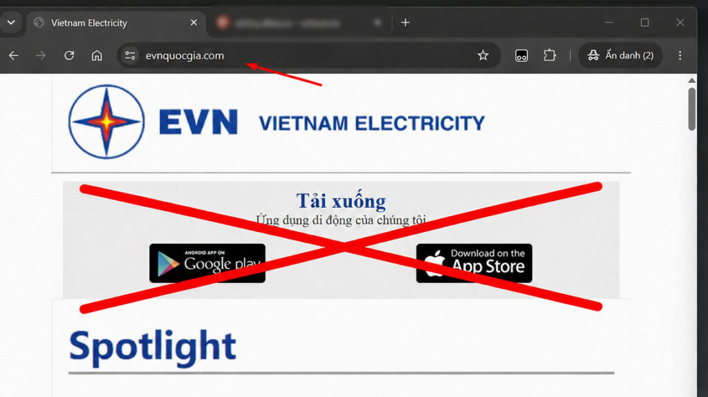 Màn hình giới thiệu ứng dụng CSKH EVNSPC giả mạo trên website cảnh báo