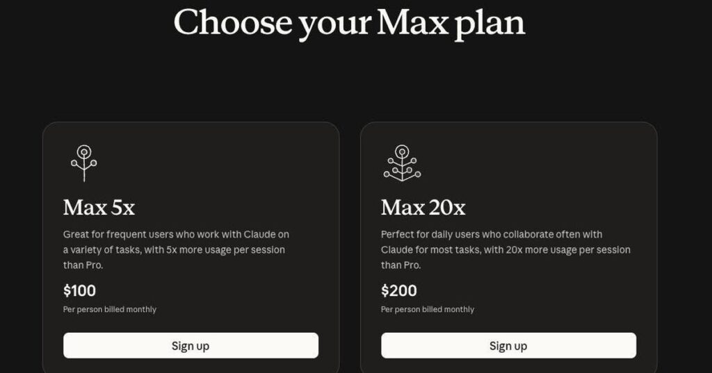 Màn hình đăng ký hiển thị hai lựa chọn Claude Max 5x và Max 20x