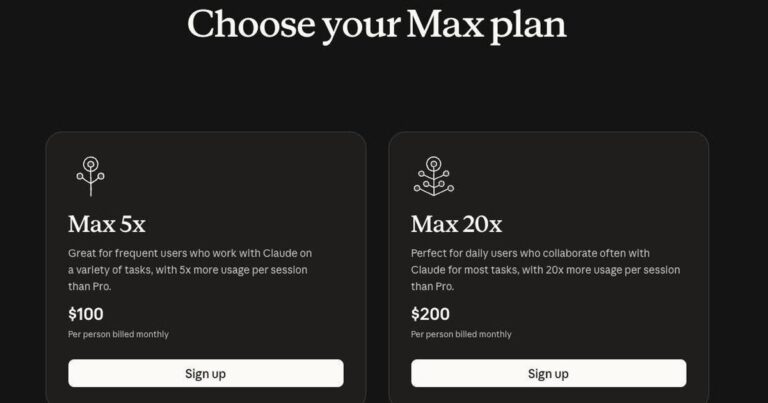 Màn hình đăng ký hiển thị hai lựa chọn Claude Max 5x và Max 20x