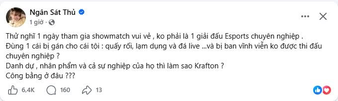 Streamer Ngân Sát Thủ phản ứng trước quyết định của Krafton