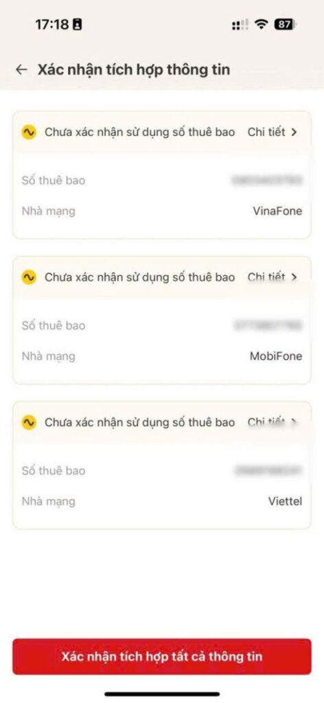 Màn hình xác nhận thông tin thuê bao trên ứng dụng VNeID