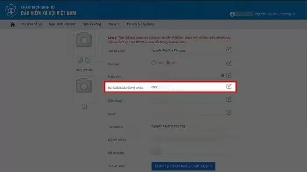 Màn hình hoàn tất cập nhật số CCCD trong tài khoản BHXH