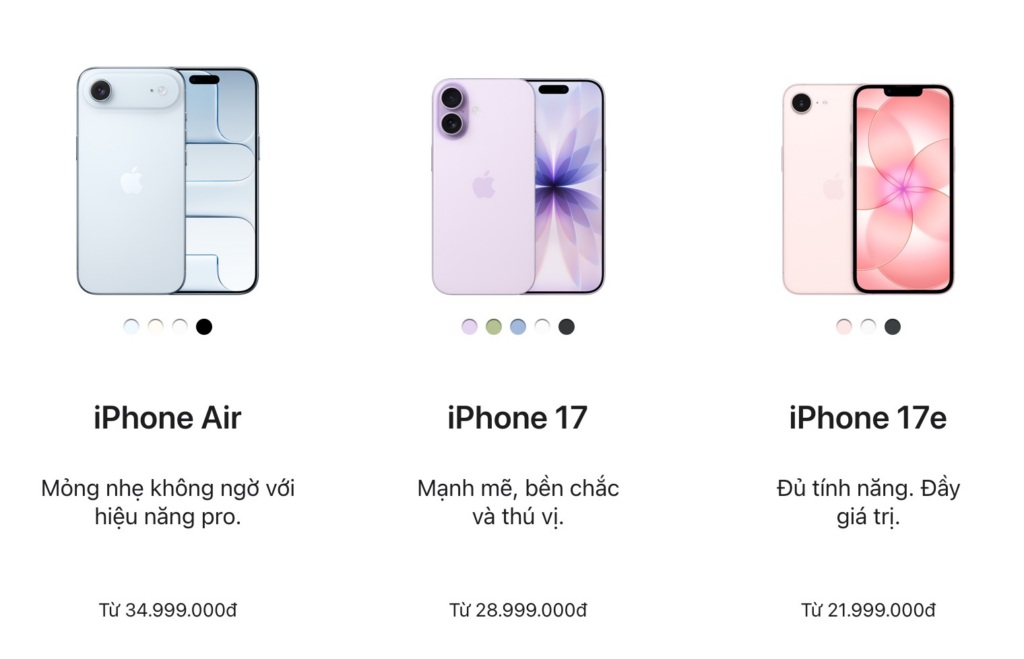 Màn hình giới thiệu các phiên bản iPhone trong danh mục sản phẩm