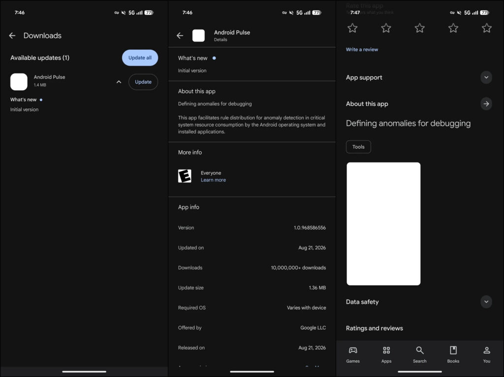 Danh sách cập nhật Google Play có sự xuất hiện của dịch vụ Android Pulse