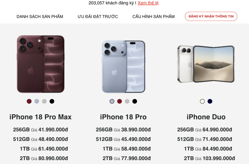 Các màu sắc của iPhone 18 Pro và iPhone 18 Pro Max được trưng bày