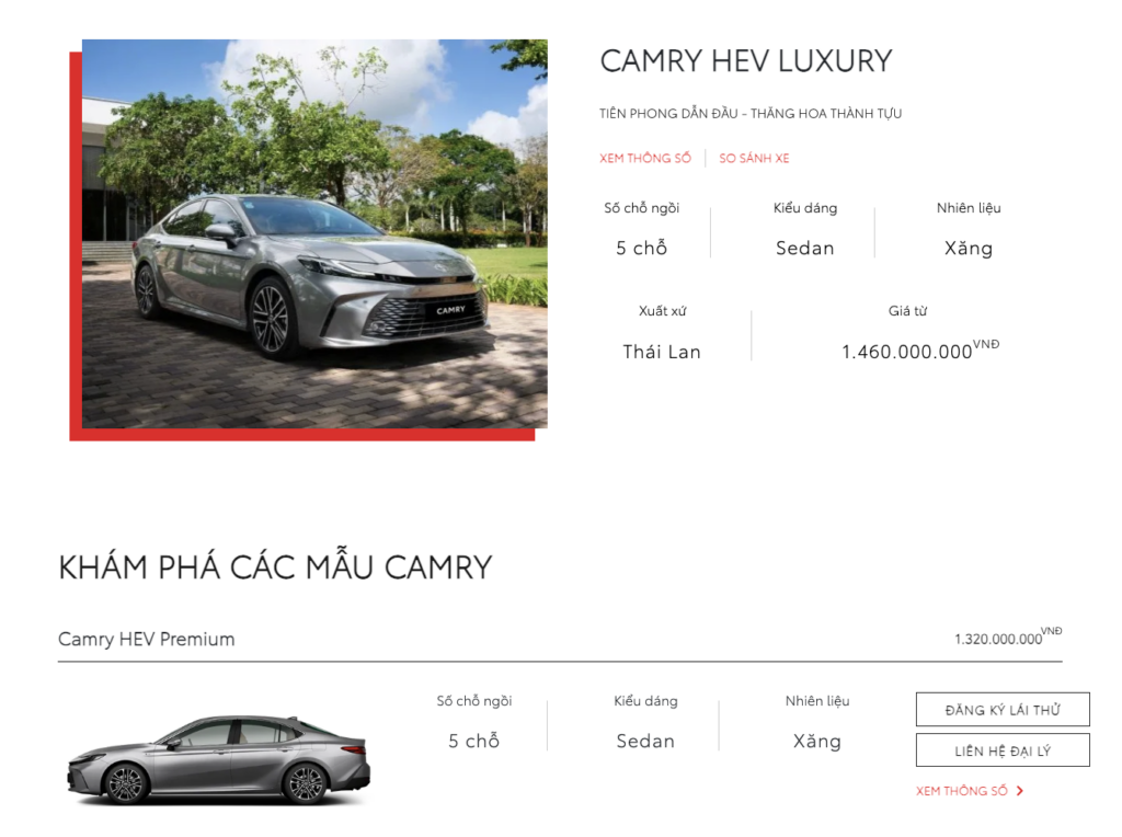Danh mục sản phẩm Toyota Camry trên website chính thức