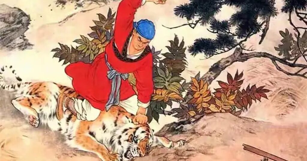 Võ Tòng ngồi uống rượu và ăn thịt trước khi lên Cảnh Dương Cương
