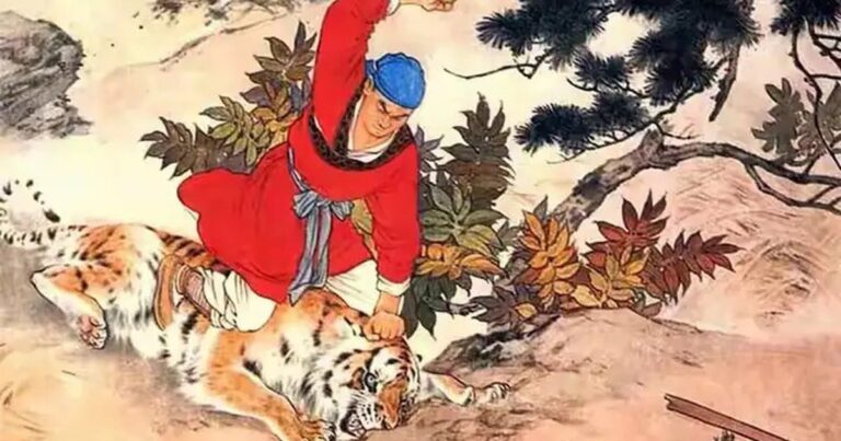 Võ Tòng ngồi uống rượu và ăn thịt trước khi lên Cảnh Dương Cương