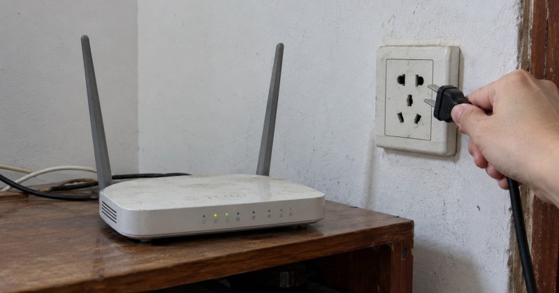 Bộ định tuyến WiFi đặt cạnh adapter và dây nguồn trên bàn