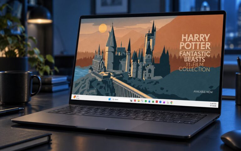 Màn hình desktop hiển thị hình nền quảng bá bộ sưu tập Harry Potter và Fantastic Beasts
