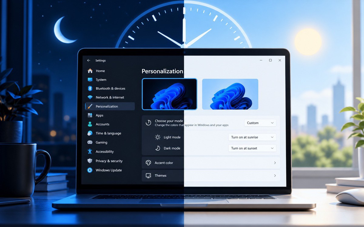 Hình minh họa bằng AI về giao diện Windows 11 chuyển sang chế độ tối