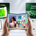 Hình ảnh LG gram AI được đặt trong tư thế gập cùng thông điệp chào tân sinh viên