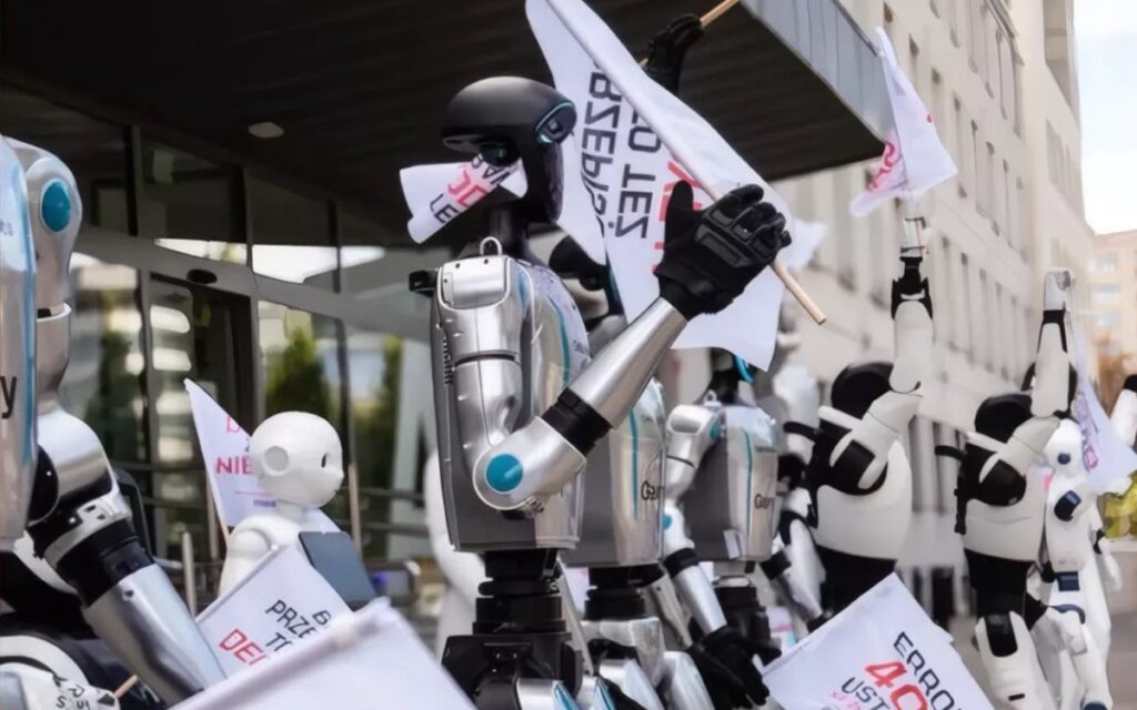 Các robot hình người và robot bốn chân đứng trước trụ sở cơ quan chính phủ ở Ba Lan