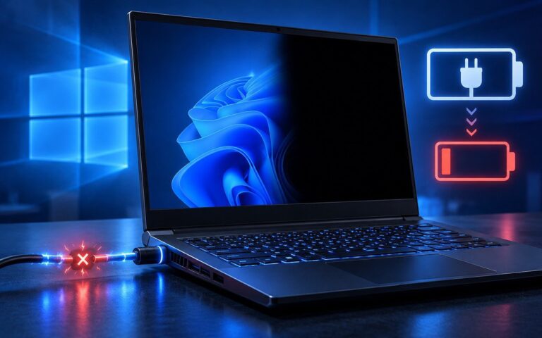 Laptop Lenovo Legion đang kết nối với bộ sạc trên bàn làm việc