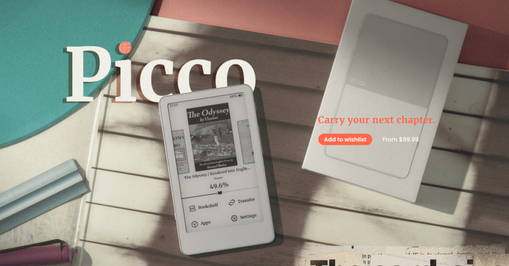 Boox Picco đặt trên bề mặt phẳng, cho thấy thiết kế máy đọc sách nhỏ gọn
