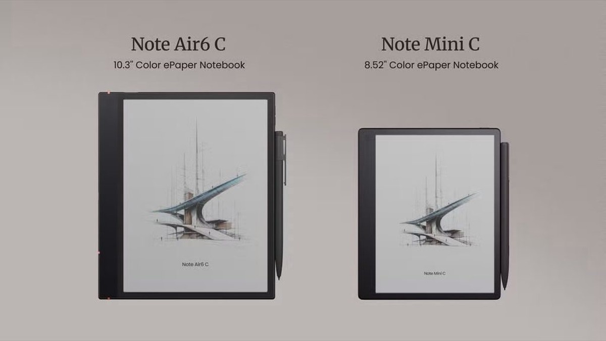 Boox Note Mini C đặt trên mặt bàn với màn hình hiển thị giao diện đọc sách