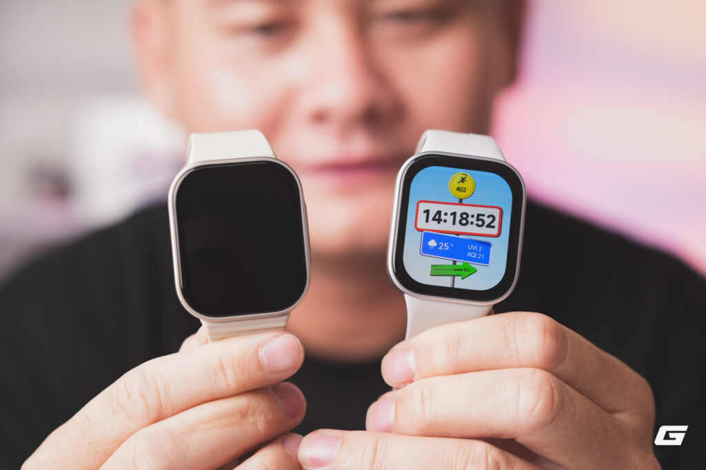 Cận cảnh thiết kế REDMI Watch 6 Active màu trắng bạc trên cổ tay